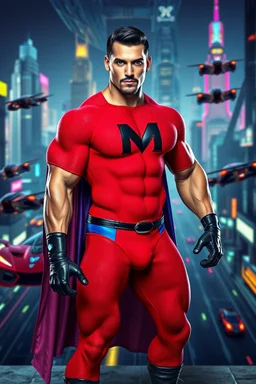 An extremely muscular, athletic man with a short, black hair, blue eyes, goatee, wearing a bright red, textured formfitting bodysuit, wearing blue trunks on the outside of the bodysuit, a black leather, knee-high black leather boots, black wrist gauntlets, blue cape, with a black Capital letter "M" on the chest, posing against a futuristic cityscape, Neon-lit, Extremely colorful, Flying cars