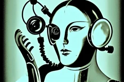 Golden to cyan surfaces body, latex. Tendril-mask-Synthesizer-proboscis. Lightly armored bodies. Metallic headphones and speakers. Hot Russian military girl. Old-fashioned cameras integrated to heads. Suture eyes. Strange Steam-punk Silver tumbler hands! Dystopia perfect body. Mind-download from 1950's computer. Partly symmetrical in relation to the computer. Perfect golden ratio in all directions. Space-corruption. Steam-machines-tubes. Oppressive atmosphere. Thick Mind-upload-cable. Propaganda