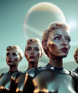 Ultra Realistic retro sci-fi movie scene, 1960 year, waist up view portrait, 3 clones blonde women, sweet young una Thurman face, perfect iris, glow eyes, face makeup. Mars and martians background, Retro sci-fi style, helmet, tight latex coat, fog, rain, soft color, highly detailed, unreal engine 5, ray tracing, RTX, lumen lighting, ultra detail, volumetric lighting, 3d, finely drawn, high definition, high resolution.