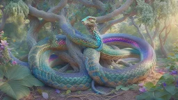 whole body image of Serpent in the Garden of Eden coiled around the Tree of Knowledge, hyper-realistic, HD 8K, sharp detail, iridescent scales