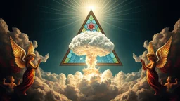 a nuclear explosion cloud(middle) framed from behind by a triangle of stained glass surrounded by radiant lines, the wind and smoke from the explosion forming shapes of dancing women with small angel wings(left and right foreground) like cherubs in the clouds, religiose art