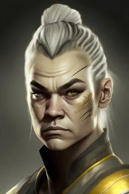 young armored pugilist, grey hair in a ponytail, with golden eyes