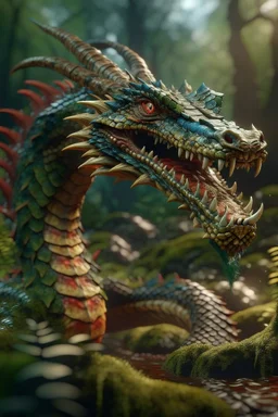 terrifying dragon with snake head in deep swampy jungle, in the style of fantasy movies, photorealistic, shot on Hasselblad h6d-400c, zeiss prime lens, bokeh like f/0.8, tilt-shift lens 8k, high detail, smooth render, unreal engine 5, cinema 4d, HDR, dust effect, vivid colors