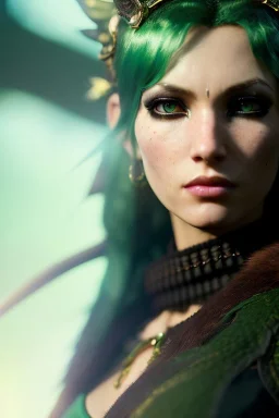 Druid character, young woman, cougar ears, cougar tail on lower back, blonde hair, long hair, green eyes, scars on body, waist up portrait, 4k resolution, intricate details, ornate details, soft lighting, vibrant colors, retroanime, masterpiece, intricate eyeliner, dark eyeshadow, eyes, intricate tattoos, natural background
