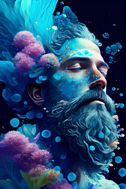 a man with a beard and flowers in his hair, volumetric underwater lighting, promotion artwork, aquarius, by Sam Spratt, inspired by Alberto Seveso, the ayahuasca spirit, featured on artsation, inspired by Théodule Ribot, blue - petals, connectedness, vector images, flourishing nature, an ultrafine detailed painting, inspired by Alberto Seveso, psychedelic art, behance contest winner, exquisite digital illustration, no trespassing canva border