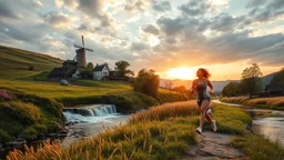 a village over high grassy hills,a small fall and river and wild flowers at river sides, trees houses ,next to Ripe wheat ready for harvest farm,windmill ,a few village local shops ,cloudy sun set sky, a beautifull lady in sports suit runimg to camera along river side