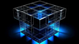 Cube tesseract located strictly in the middle of picture with space around it and with glow in tesseract, but without glow below it, without background or table. For 404 error page.