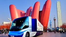 A Tesla semi-truck is parked, at 'Lotte World', in Seoul (South Korea). CINEMATIC. WIDE ANGLE LENS.
