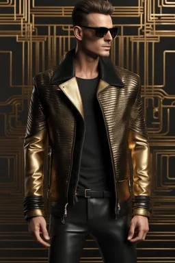 Full body modeling man on fashion show using A high detailed 3d render of a black and gold long black leather jacket.