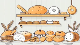 Design for a bakery shop that is full of fancy breads including baguette, sandwich, dough, bagel, tortilla, white, and whole wheat, wheat ears, sesame seeds, freshly baked sliced ​​bread, and a classic theme.