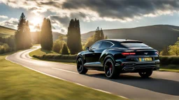 A sleek rear view of (((a cross of bentley and lamborghini urus))), on street, with hill and trees around, a beautiful clouds and sunny weather