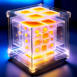 a futuristic translucent neurocube, inside the cube there are partitions made of honeycomb plates