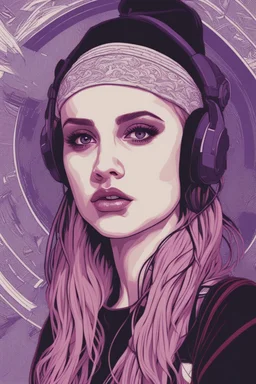 singer Danish MØ face, hyperdetailed, intricately detailed, illustration by <kilian eng>, purple tones, darkred tones,