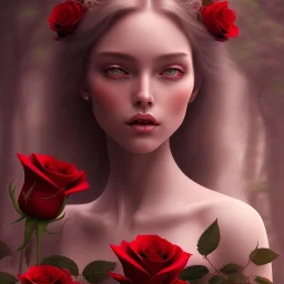 red roses beautiful girl,utra realistic,highly detailed, masterpiece, delicate detailed, sharp focus, insanely detailed, fantasy art, intricate detailed, elegant, fog, Special Lighting, Vibrant, color Scheme, forest, unreal engine, trending on artstation