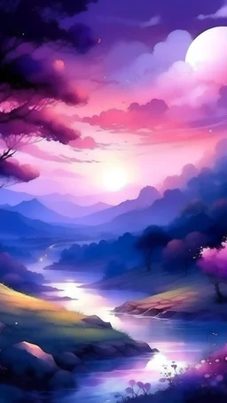 fantasy anime landscape in the evening watercolor, purple maincolor