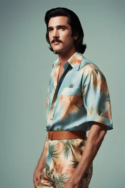 Elvis Presley with medium length bob-styled brown hair, a mustache, wearing a Hawaiian shirt and Bermuda shorts- well-lit, UHD, 1080p, professional quality, 35mm photograph by Scott Kendall