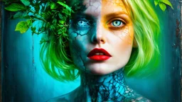 old retro photography, faded vignette, worn and cracked, double exposure, surrealism, blonde humanoid from another world, red lips, half body, greenish blue pale transparent glowing skin, plants growing out of head, tattoo, alien transparent eyes, hyperdetail, double exposure, Anna Razumovskaya, Anna Dittmann, Luis Royo, neo-impressionism, expressionism, oil painting. Vivid, detailed and textured brushstrokes reminiscent of Royo and Peter Coulson. Deep colors and dramatic lighting with cinematic