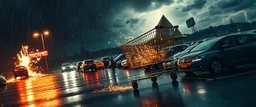 A hyper-realistic Norwegian disaster movie poster for a fictional blockbuster titled "HANDLEVOGNA". A dark, rain-soaked supermarket parking lot at night. A single abandoned shopping cart rolls downhill toward the camera at impossible speed, sparks flying from its wheels. Cars crash while trying to avoid it, shopping bags explode into the air, people run in panic. Dramatic storm clouds, lightning, cinematic lighting, intense atmosphere, ultra-detailed, gritty realism, Hollywood disaster movie sty