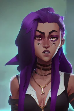 arcane animation series style, league of legends, Solo, 1girl, attractive teenager, african, dark skin, golden eyes, black hair, pair buns, forehead bangs colored in violet, necklace, earrings, modern makeup, (detailed skin texture), white oversize shirt