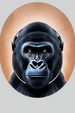 action shot of a Gorilla with headphone mixing music with Dj controller , DMT art,, tshirt vector, enclosed in a circle, sunshine, contour, white background