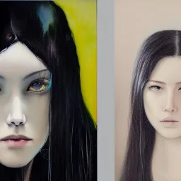 a painting of a woman with long black hair,an oil painting, painted by addition of overlapping layers of color,painting by Fumi Koike, glazing technique, hyper realistic painted long black hair ,very pale skin, intricate precise detail, inspired by Kris Knight, figurative art, in yoji shinkawa's art style, annoyed expression, looking directly at us,