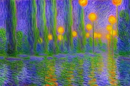 City near trees, sci-fi, Photography, hyperrealism, hd, claude monet impressionism retrowave painting