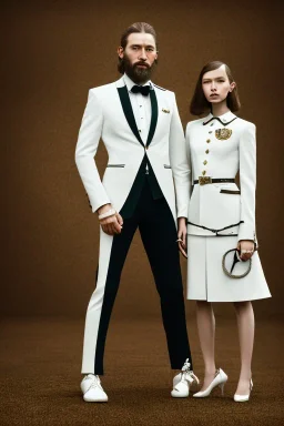 BDSM style, 8K, a Highly detailed portrait of a Dom man holding a kneeling submissive woman leash, white suit, beard, and short hair, bad boy