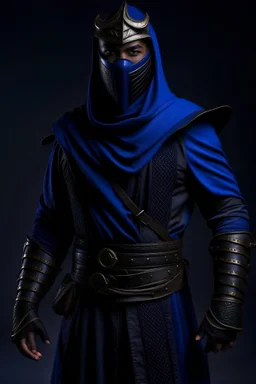 UDH, Masterpiece, Professional Photograph of 36 years old shadar-kai, warlock, dark blue and black outfit, black mask over mouth, black cowl, short sword, full body,