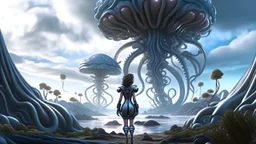 Wide-angle shot of a woman, standing on the right side of an alien beach, with dark hair in a silver robotic catsuit, lots of large floating mushrooms with long tentacles, alien jungle trees in the distance