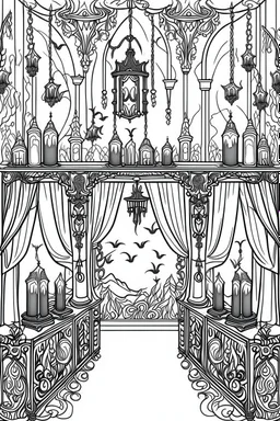 A vampire's lair with coffins, candles, and bats hanging from the ceiling.. Outline, sketch style, only use outline, mandala style, clean line art, white background, no shadows, no clear wall, coloring page.