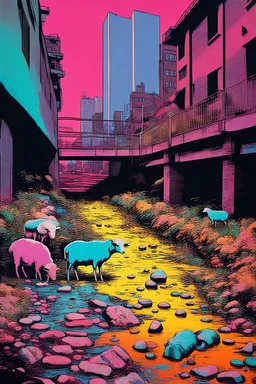 painting of a cyberpunk colourful natural walkway rubbish on the street in the city with pollution and a small bridge by a creek with electric sheep and androids by andy warhol