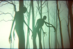 low res, low quality picture, high film grain, terrifying scene of backlit shadows of a long tall supernatural creatures with extremely long limp arms standing amongst tall branchless tree trunks on a foggy night, surreal, distorted, found footage horror, low contrast, static haze