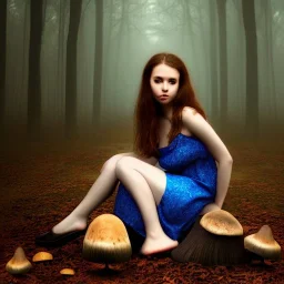 sourceress girl, beautiful, cute, seated on a mushroom, in a dark forest, with mist, blue intricate dress, high definition, cinematic, rendering