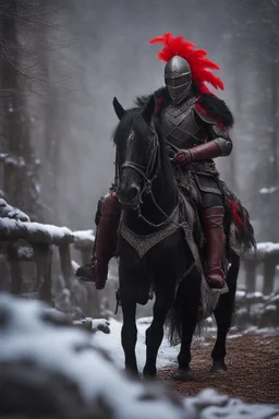 portrait of black knight on horse with red feather on stone bridge in mountain pass in snowy forest,shot on Hasselblad h6d-400c, zeiss prime lens, bokeh like f/0.8, tilt-shift lens 8k, high detail, smooth render, down-light, unreal engine, prize winning