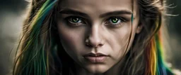 Photoreal gorgeous shot of beautiful young girl with one gold and one green eye, warrior, strong, sad, resilient, vivid vertical rainbow on left side forehead, long black tears below both eyes, forgotten realms fantasy style by lee jeffries, otherworldly creature, in the style of fantasy movies, shot on Hasselblad h6d-400c, zeiss prime lens, bokeh like f/0.8, tilt-shift lens, 8k, high detail, smooth render, unreal engine 5, cinema 4d, HDR, dust effect, vivid color