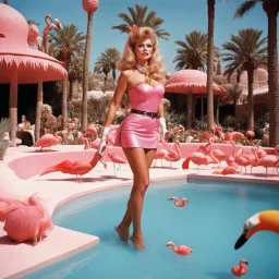 [high res photo by Gilligans Island] In the dazzling city of Las Vegas, clad in revealing uniform under the desert sun, Barbarella the maid finds herself in a most curious setting—a pink swimming pool teeming with flamingos and bananas, ready to fight, in dust, rust and blood, her body is covered with leather cartridge belts