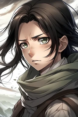 black long hair gray eyes cold gaze hair pulled back in a braid face sharp face beautiful in the form of scouts anima attack on titan