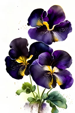 Ultra detailed watercolour painting of pansies,, natural colors, with some splashes on a black background