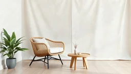 3d render interior canvas mockup with rattan and wood chair and table