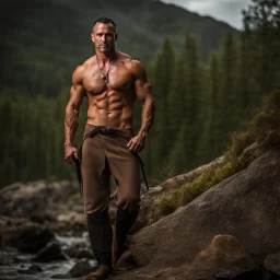 Handsome and muscular 40 year old shirtless mountain man, dark fantasy