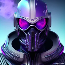 futuristic purple masked villain in galaxy, teal and purple smoke, detailed, realistic, 4k