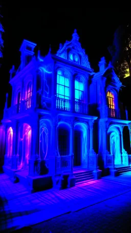 A neon purple haunted mansion filled with ghosts painted by Leonardo da Vinci