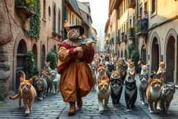 "The Cat Pied Piper of Hamelin, dressed in flowing, colorful Renaissance garments, playing a magical flute, followed by a majestic parade of cats in all sizes and colors, walking in perfect harmony along old cobblestone streets, Renaissance buildings with ivy, curious townsfolk leaning out of balconies with astonished faces, golden-hour lighting, high fantasy, highly detailed, 8K, hyper-realistic, magical realism --v 7 --ar 21:9 --style raw --q 2"