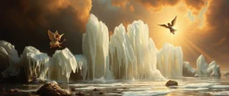 master oil painting by Rembrandt,ice fountain of air water angels singing, display of god rays over blessed earth