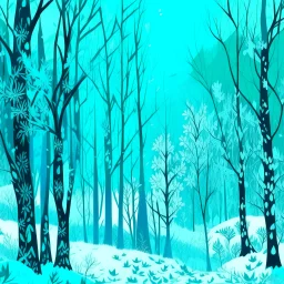 A cyan wintery forest with falling snowflakes designed in German folk art painted by Andy Warhol