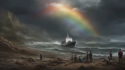 Doctors Without Borders provides immediate medical aid during humanitarian emergencies.Rainbow symbol of peace up on the sky,Photo-realistic scene ,desolate, standing on a jagged cliff, overlooking turbulent, inky black ,A storm brews in the distance, with dark, ominous clouds gathering, powerful beam pierces the darkness, and within its light, ethereal shadows of shipwrecked souls can be seen, their translucent forms forever searching for a way home.