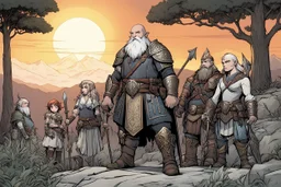 [comics Andrew MacLean style] At the crest of the hill, under the watchful gaze of the setting sun, a motley crew of courageous souls stands assembled. The short bald dwarf healer, his weathered features etched with ancient knowledge, surveys the group with a keen eye. Beside him, the female Elf radiates an aura of forest magic, her eyes alight with the wisdom of the natural world. Opposite the Elf, the female thief from the dark city moves with a grace born of shadows, her pres