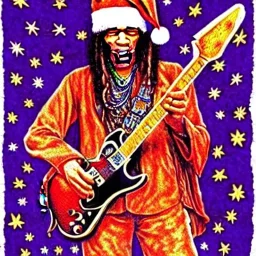 hippie JIMI HENDRIX Santa playing electric guitar, psychedelic, peace sign, MUSHROOMS, TRIPPY, ACID, LSD, dreadlocks