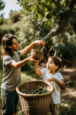 A mother picking olives from the tree and a son holding the basket sideways and happy