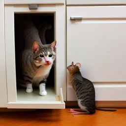 cat finds mouse under cupboard